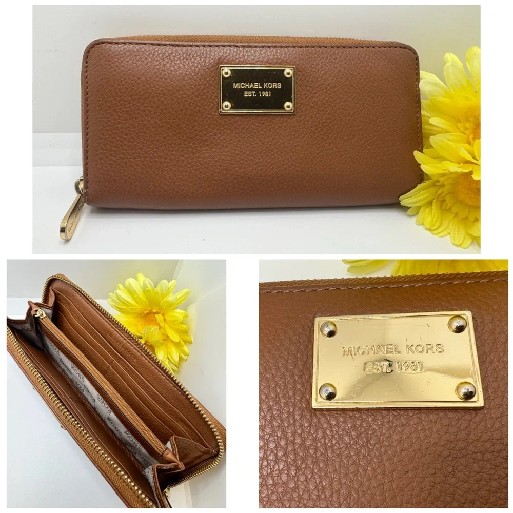 Michael Kors Chestnut Leather Zip Around Wallet Clutch Gold Accents